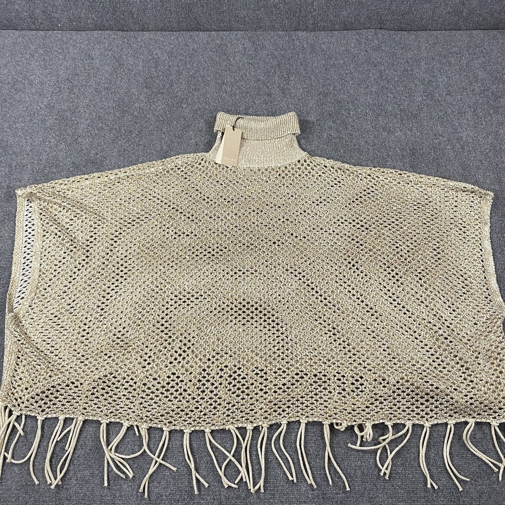 Velez Artisan Poncho Sweater Medium Lyra Gold‎ Sequin Open Knit Fringe NEW